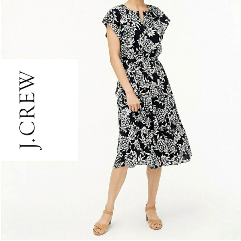 J. Crew Pineapple Print Sleeveless Crinkle Casual Midi Dress Navy White Size 4